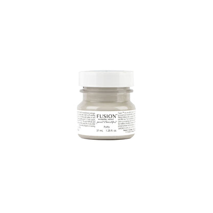 A small tester sample jar of Putty Fusion Mineral Paint . sample of a soft beige furniture paint by Fusion Mineral