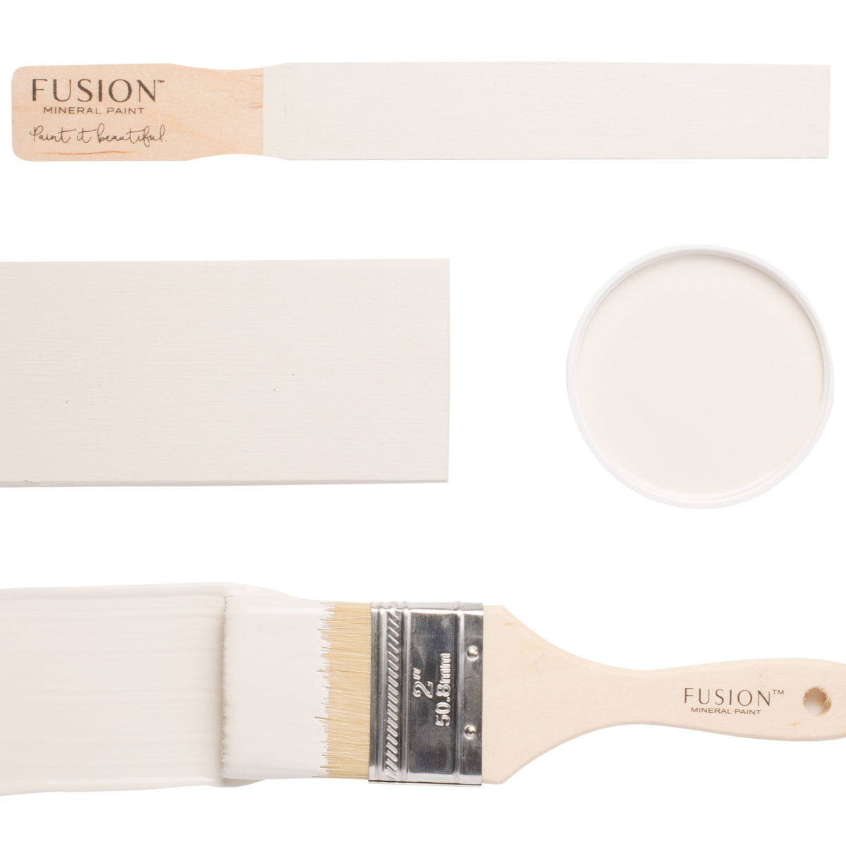 Fusion paint brush and sample with 'Raw Silk' colour on a white background.