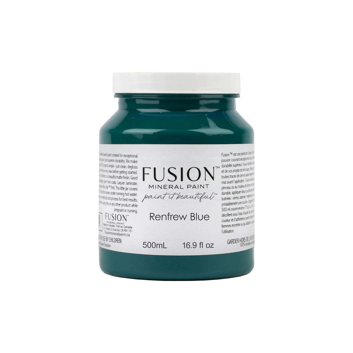 Fusion Mineral Paint jar of Renfrew Blue on a white background