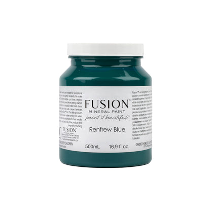 Fusion Mineral Paint jar of Renfrew Blue on a white background