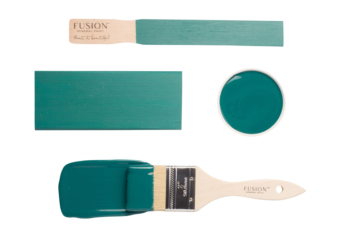 Fusion Mineral Paint Renfrew Blue paint swatches and brush on a white background