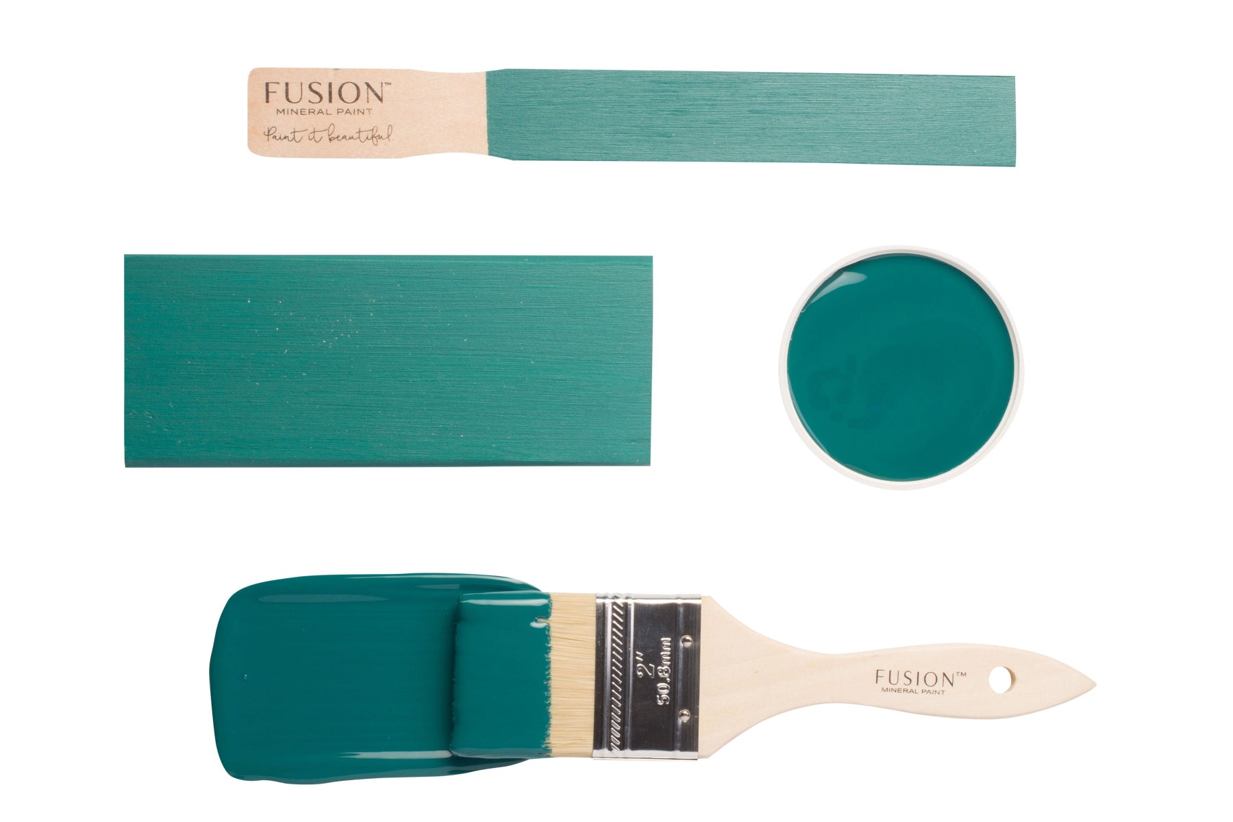 Fusion Mineral Paint Renfrew Blue paint swatches and brush on a white background