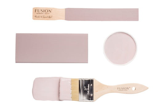 Paint brush and colour swatches painted in Rose Water from Fusion Mineral Paint 