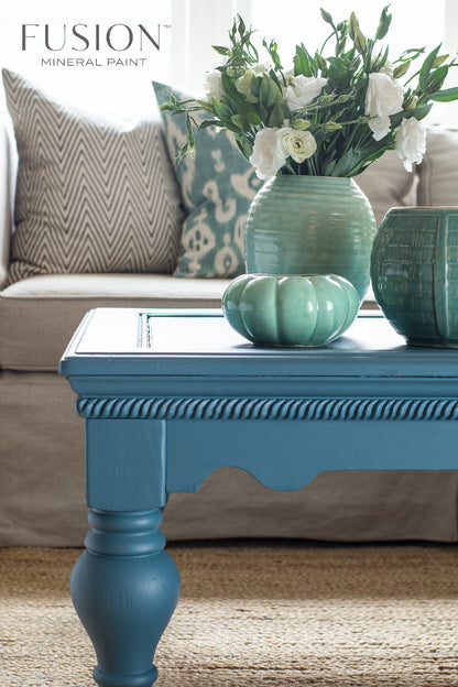 Wooden coffee table painted in brilliant blue Seaside from the Fusion Mineral Paint range 