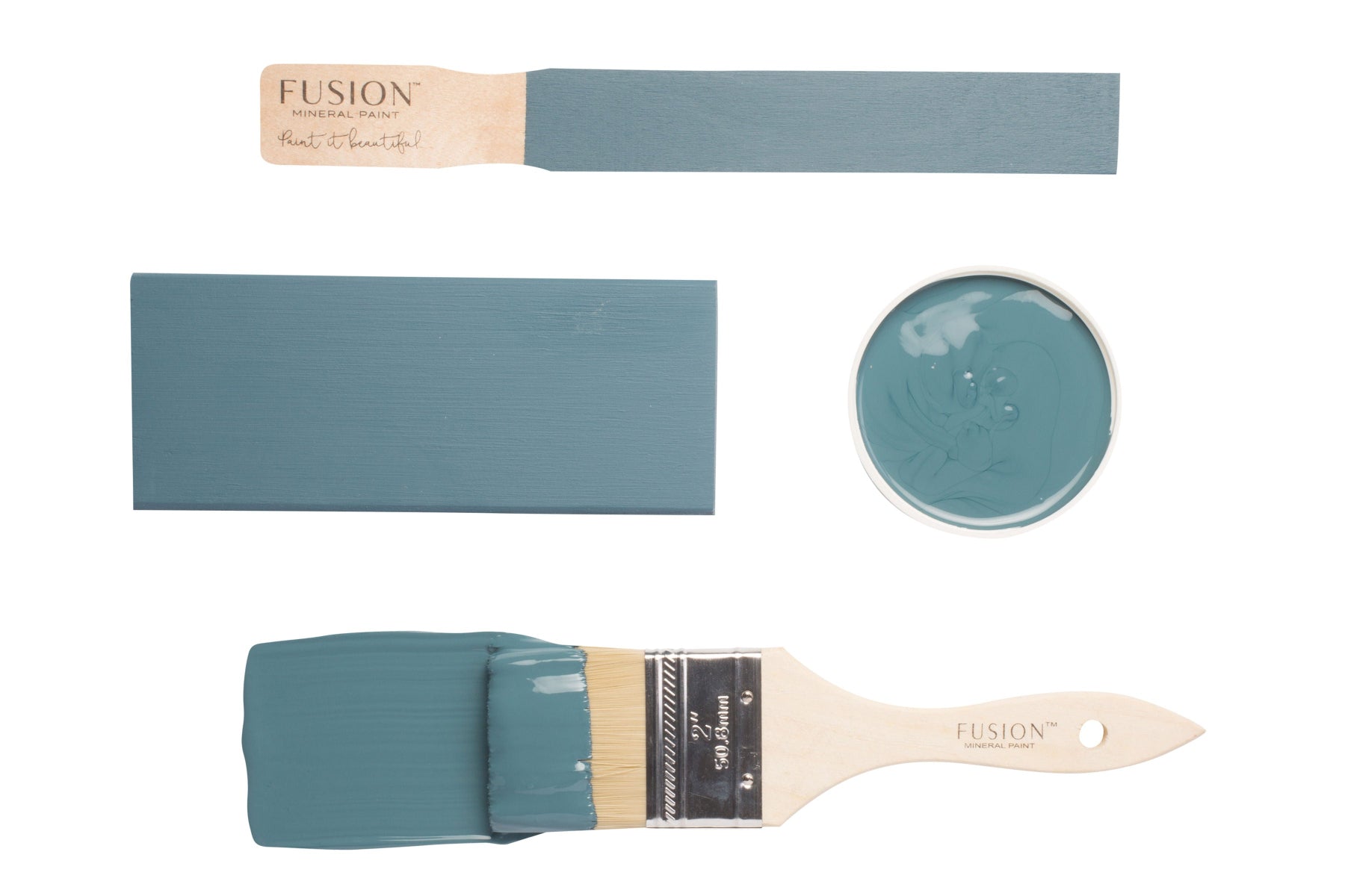 Fusion Mineral Paint Seaside paint swatches and brush on a white background