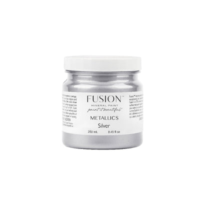 Fusion Metallics Silver paint jar on a white background