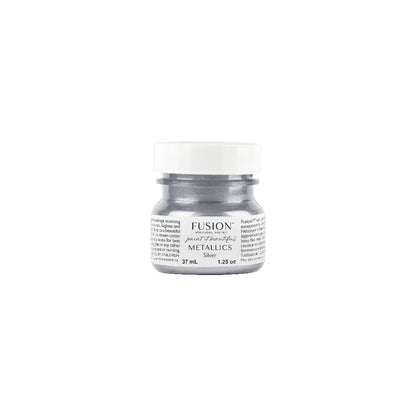 Tester size jar of Silver Metallic Fusion Mineral Paint on a white background