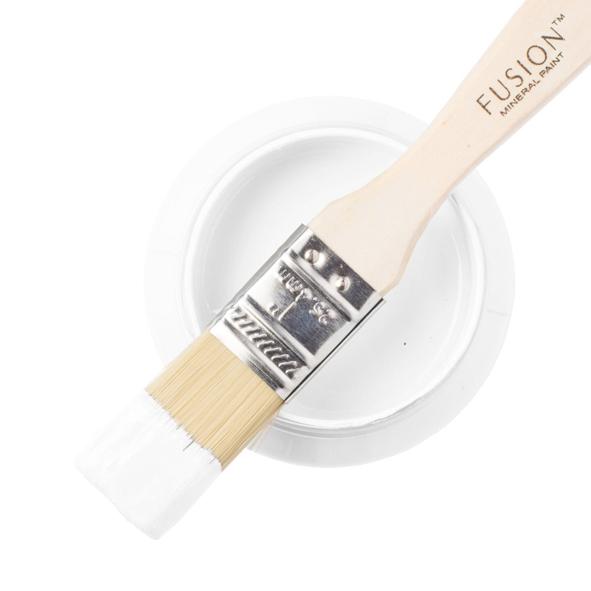 Fusion Mineral Paint brush with a container of paint labelled 'Snowdrop' on a white background