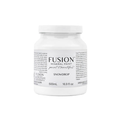 Fusion Mineral Paint jar labelled 'Snowdrop' on a white background