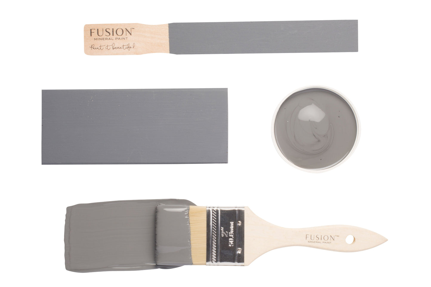 Fusion Mineral Paint Soap Stone colour swatch with paintbrush and container on a white background
