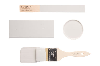 Paint brush and colour swatch of Sterling colour from Fusion Mineral Paint on a white background