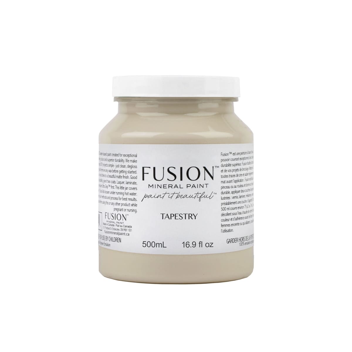 Jar of Fusion Mineral Paint in greeny beige Tapestry colour on a white background