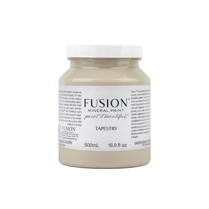 Jar of Fusion Mineral Paint in greeny beige Tapestry colour on a white background