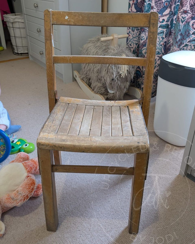 A simple wooden chair for a child before being upcycled by Upcycled & Reloved by Jodi. 
