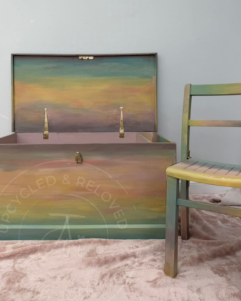 Upcycled children’s toy chest and chair painted in an ombre effect in soft pastel Fusion Mineral Paint shades.