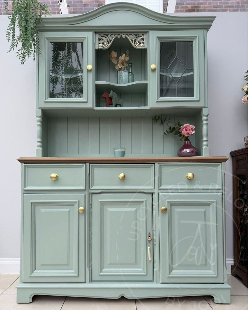 Welsh dresser upcycled by Upcycled & Reloved by Jodi in soft blue-green Fusion Mineral Paint Inglenook with a washed wood top.