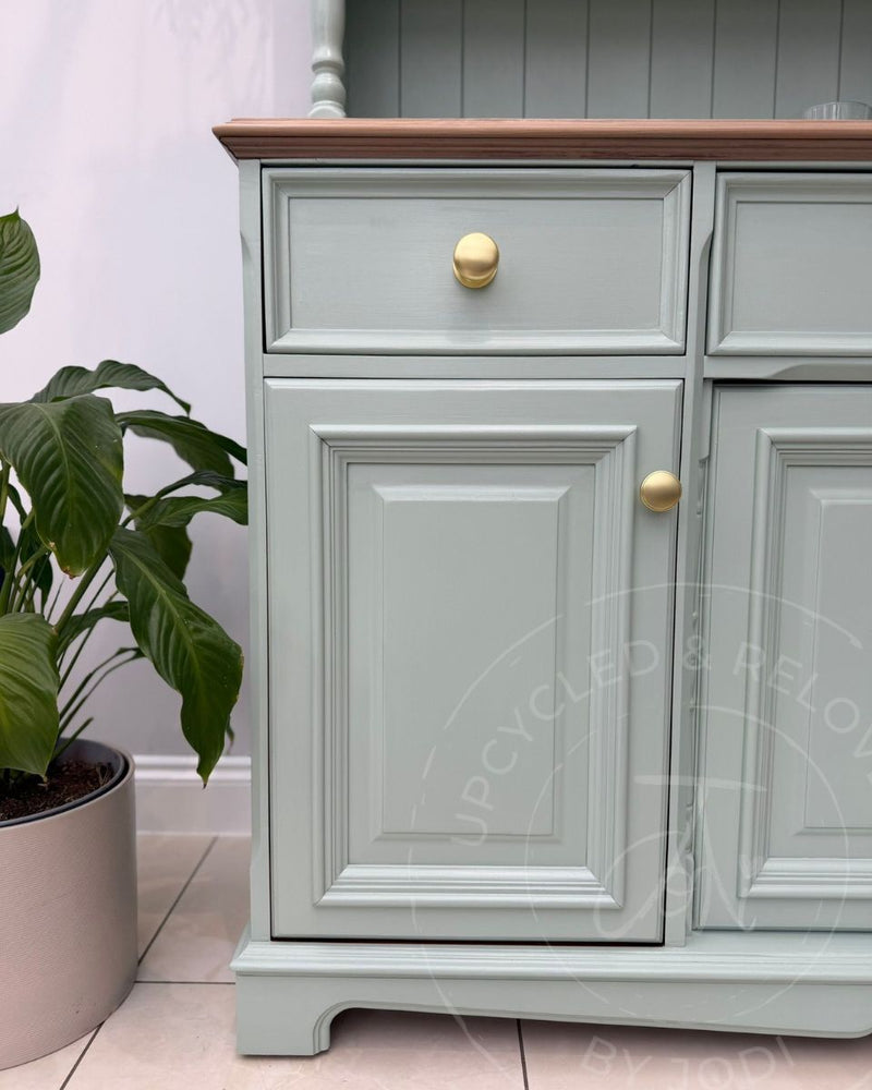 Welsh dresser upcycled by Upcycled & Reloved by Jodi in soft blue-green Fusion Mineral Paint Inglenook with a washed wood top.