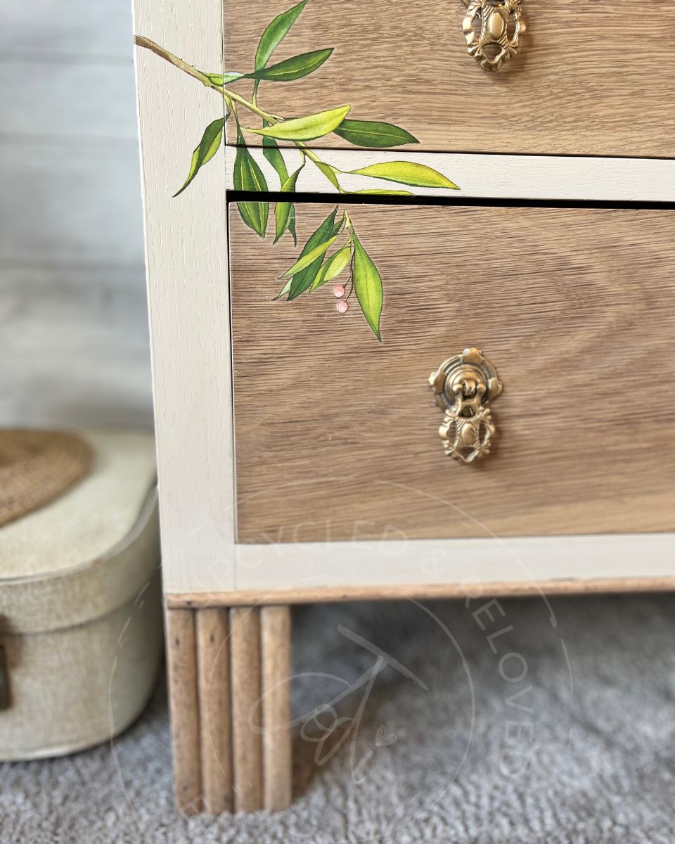 Close-up of a wooden chest of drawers with a cream-painted frame, natural oak drawer fronts, brass-style decorative knobs, and a painted green olive branch detail on the upper drawer. The vintage carved legs are scalloped an in the natural wood