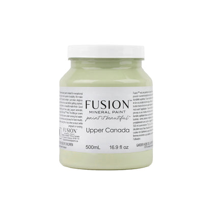 Jar of Fusion Mineral Paint in Upper Canada Green colour on a white background