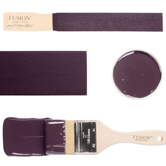 Fusion paint brush with Velvet Plum colour swatch on a white background