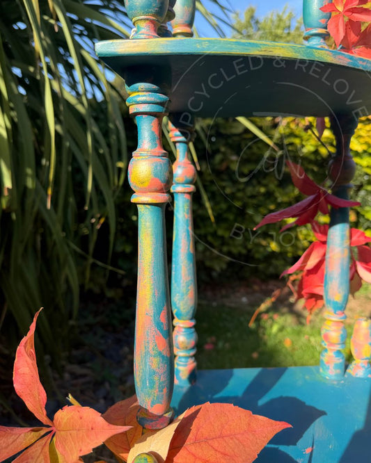 Colourful Teal Corner Plant Stand | Vintage Upcycled Whatnot Shelf