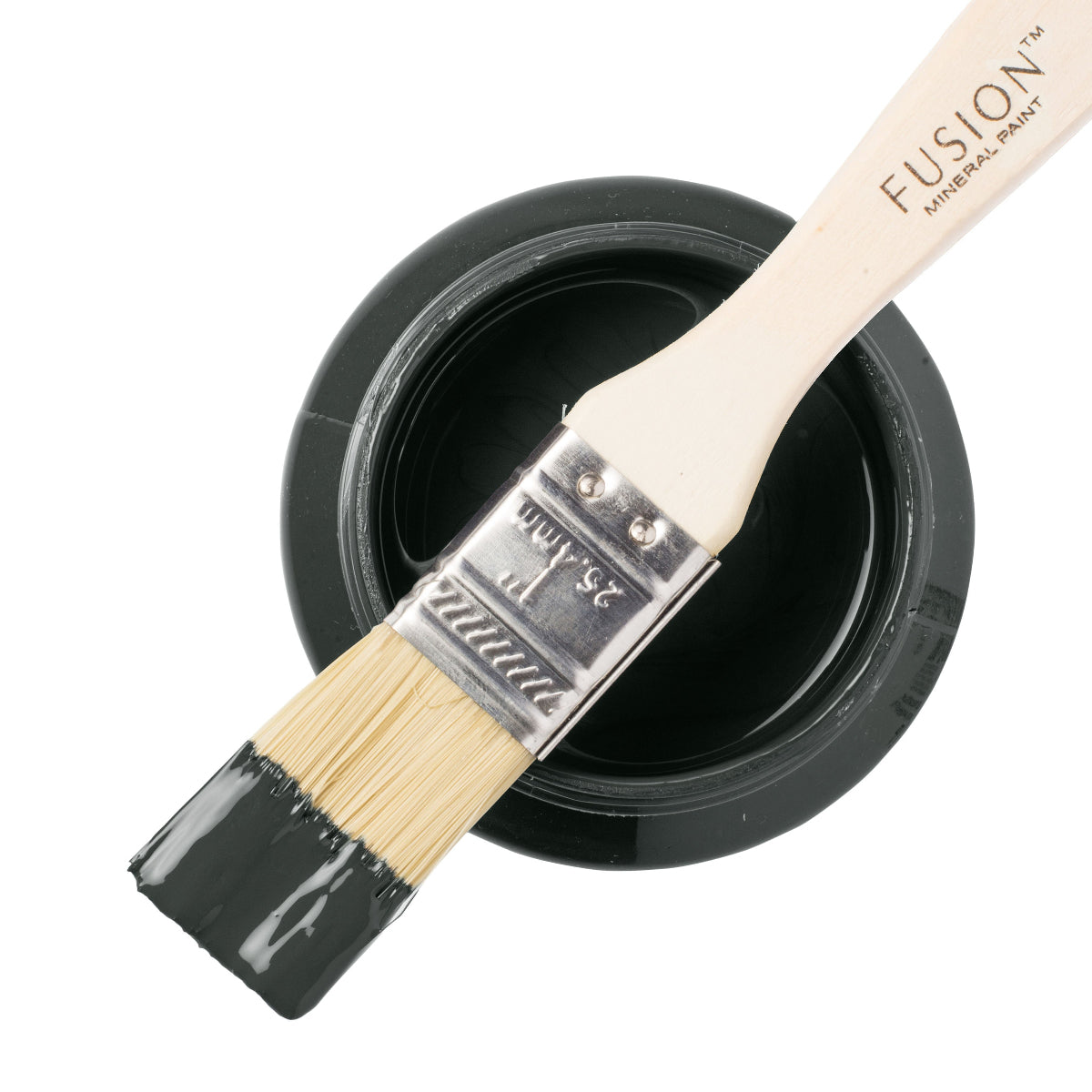 Fusion Mineral Paint brush with a sample of paint labelled 'Wellington' on a white background