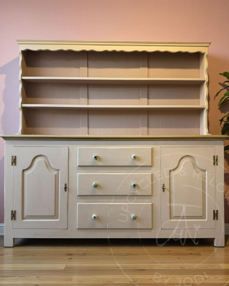 Whimsical Welsh dresser upcycled in Fusion Alchemy Sandstone with dusky pink Fusion Mineral Paint Damask shelves