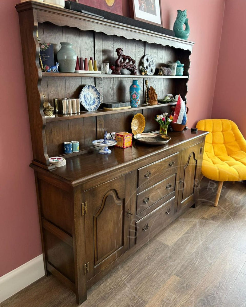 Chunky brown dresser with shelves, cupboards and drawers before its painted furniture makeover by Upcycled & Reloved by Jodi.