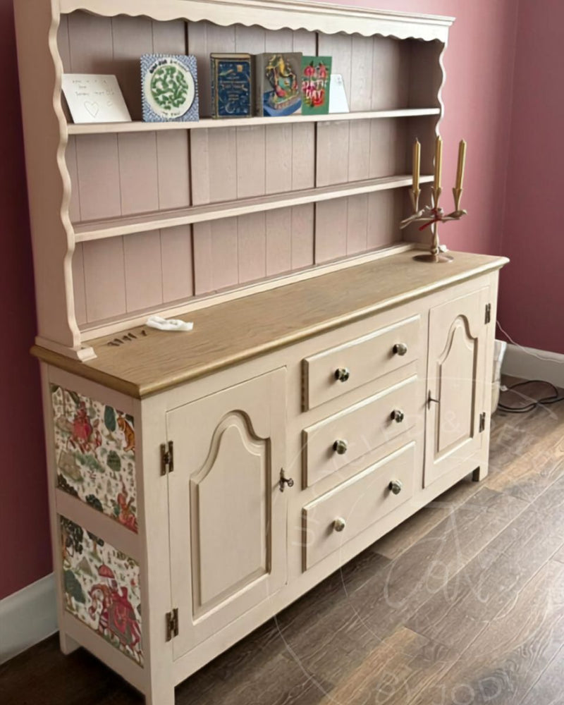 Whimsical Welsh dresser upcycled in Fusion Alchemy Sandstone with dusky pink Fusion Mineral Paint Damask shelves