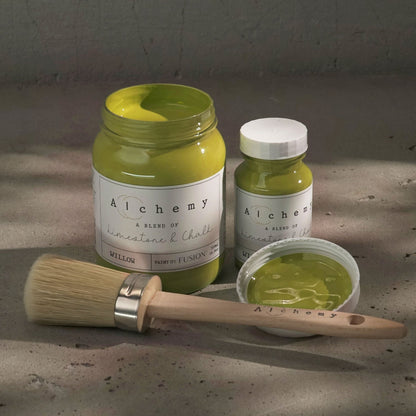 Jars of greeny-mustard Willow paint from Alchemy by Fusion 