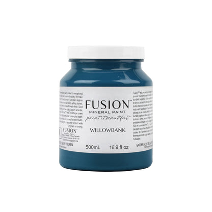 Fusion Mineral Paint jar with Willowbank colour on a white background