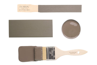 Fusion Mineral Paint Wood Wick paint swatches and brush on a white background
